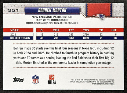 Behren Morton 2026 Topps Flagship Rookie Patriots Sports Trading Card