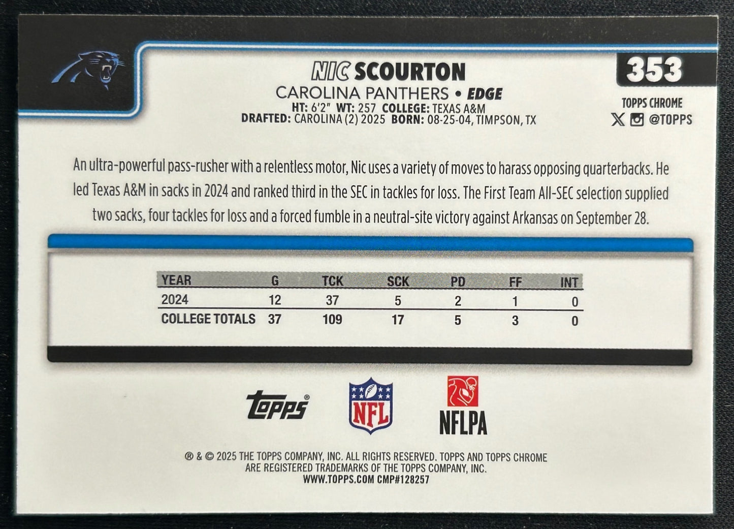 Nic Scourton 2025 Topps Chrome Rookie Panthers Sports Trading Cards