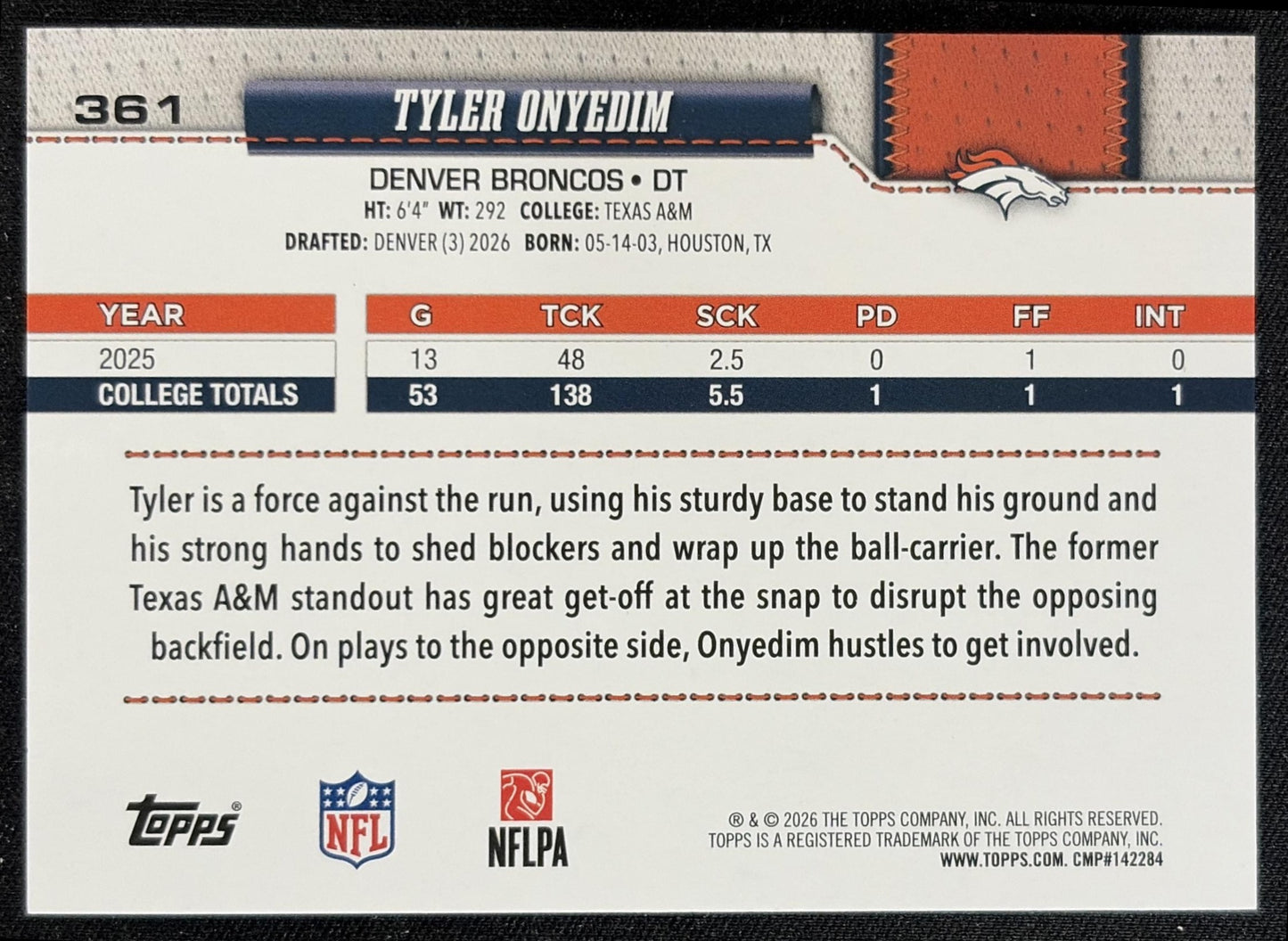 Tyler Onyedim 2026 Topps Diamante Foil Broncos back