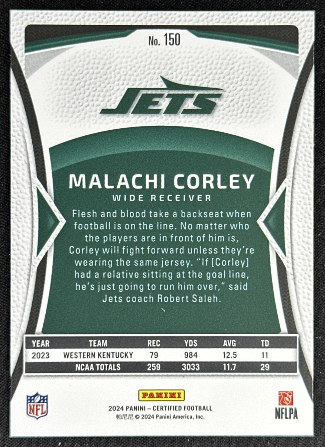 Malachi Corley 2024 Panini Certified Rookies Mirror /350 Jets