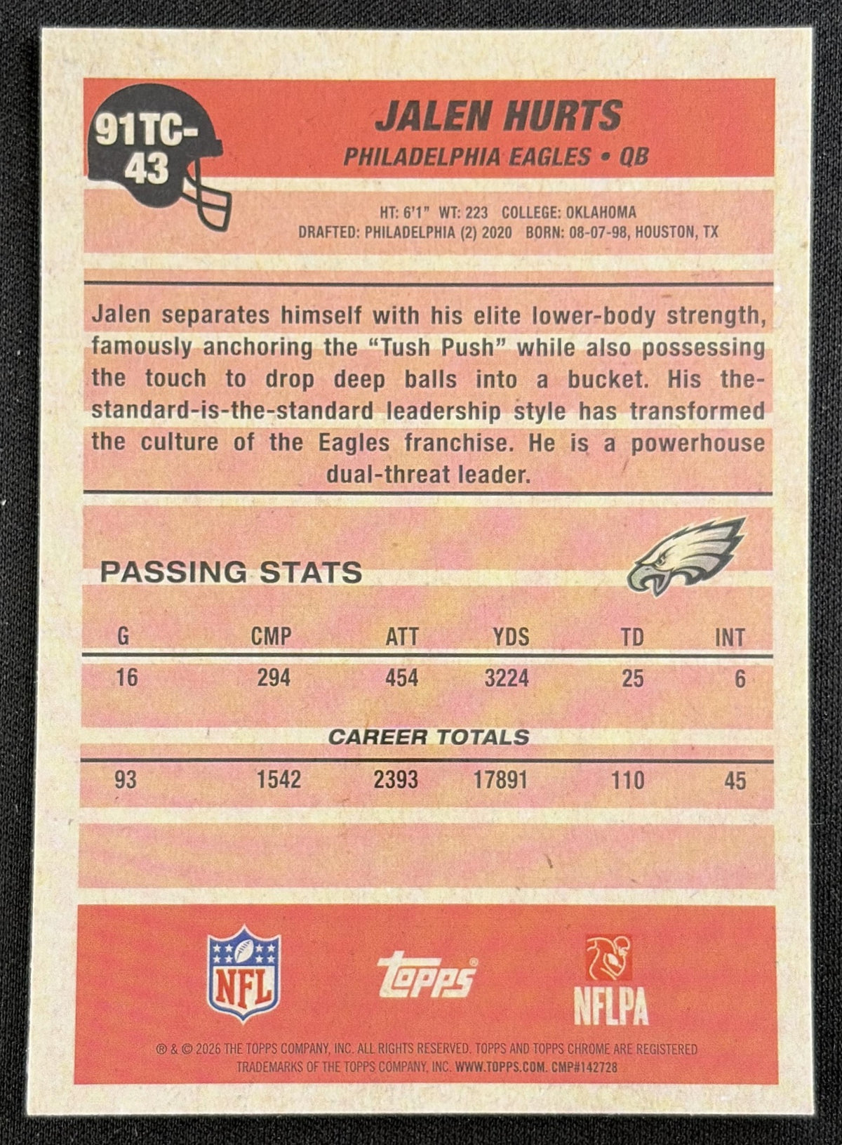 Jalen Hurts 2026 Topps 1991 Chrome Mojo Refractor Eagles back