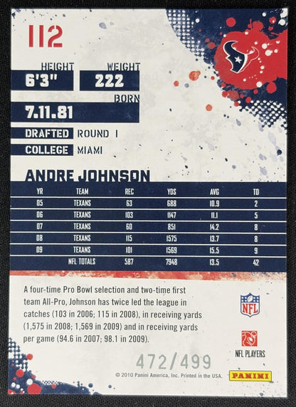 Andre Johnson 2010 Panini Score Scorecard /499 Texans Sports Trading Cards