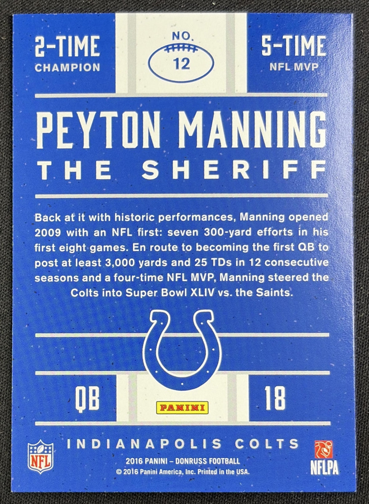 Peyton Manning 2016 Panini Donruss The Sheriff Tribute Red Foil Colts 12 back