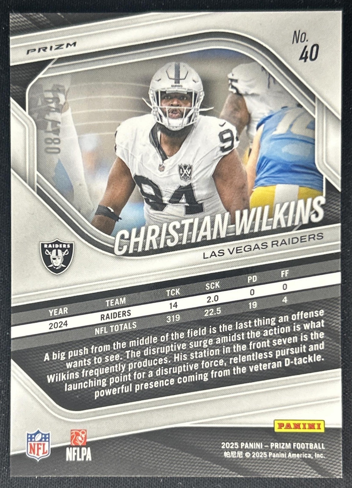 Christian Wilkins 2025 Panini Prizm Pigskin /180 Raiders back