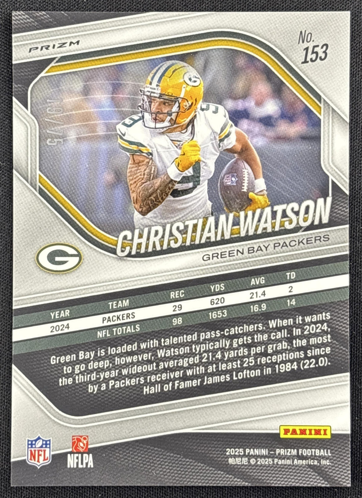 Christian Watson 2025 Panini Prizm No Huddle Purple /75 Packers