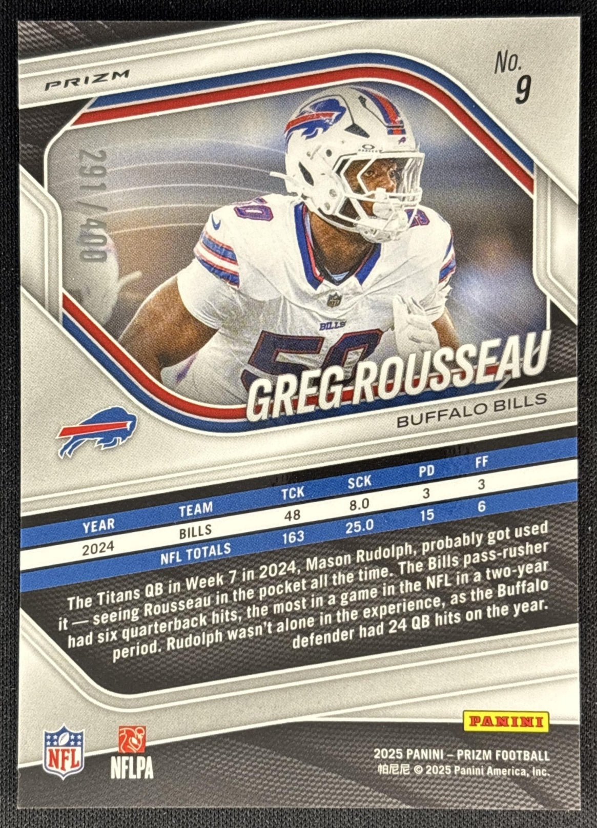 Greg Rousseau 2025 Panini Prizm Pandora /400 Bills back