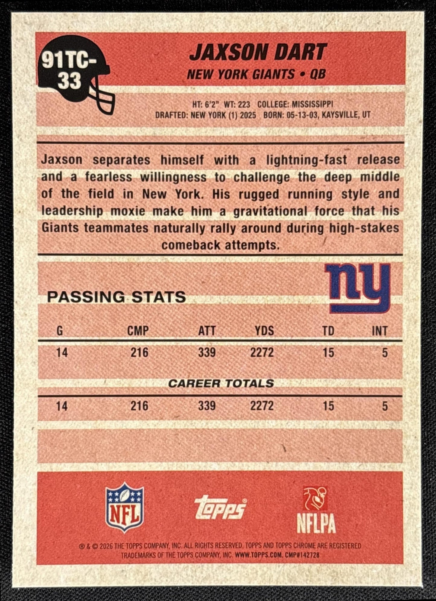 Jaxson Dart 2026 Topps 1991 Chrome Mojo Refractor Giants - back