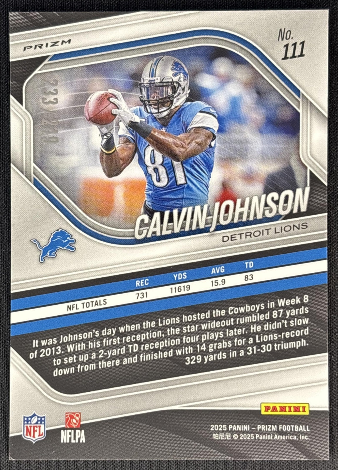 Calvin Johnson 2025 Panini Prizm Orange /249 Lions back
