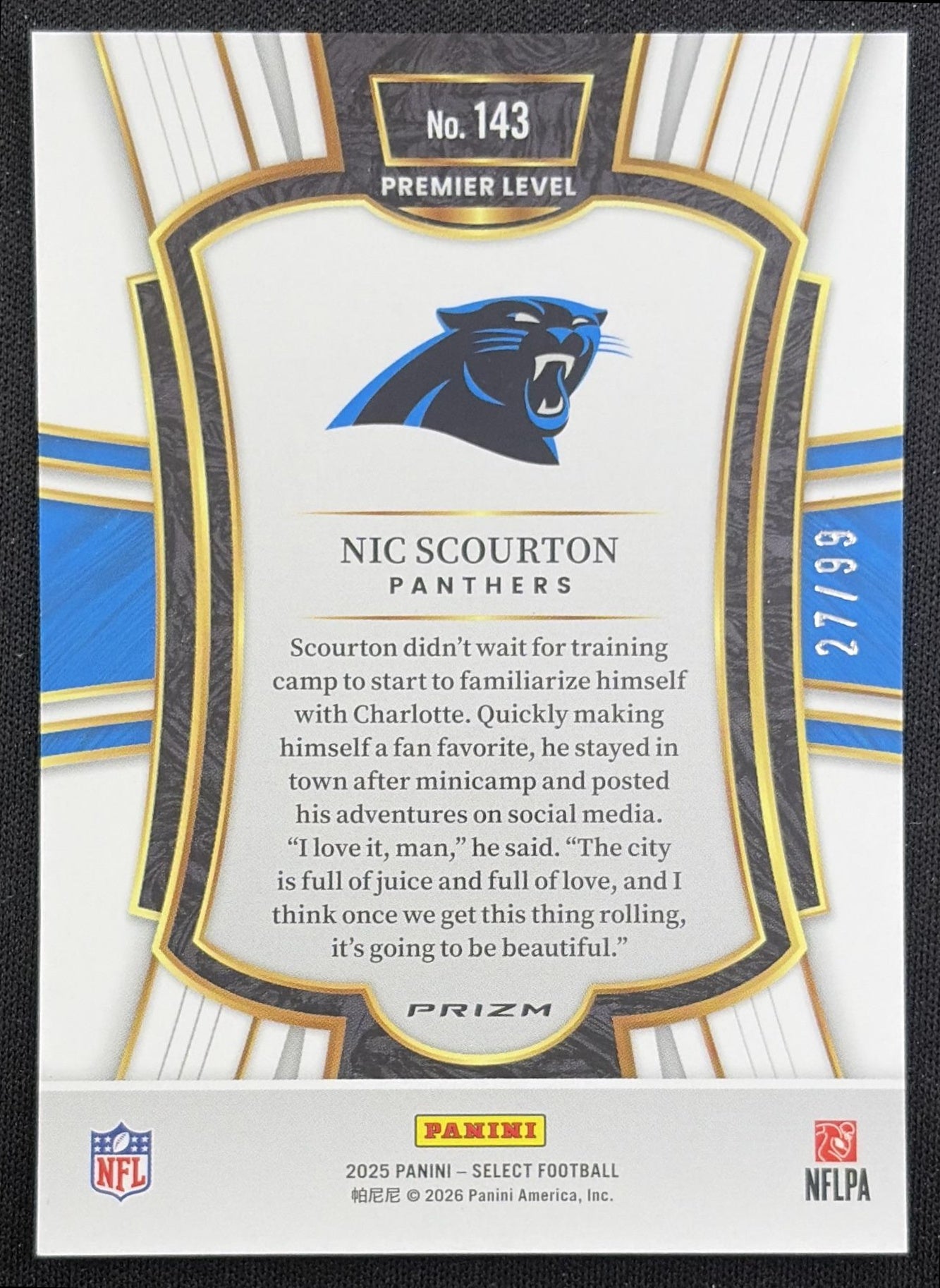 Nic Scourton 2025 Panini Select Premier Level Light Blue Prizm /99 Panthers Carolina Panthers back