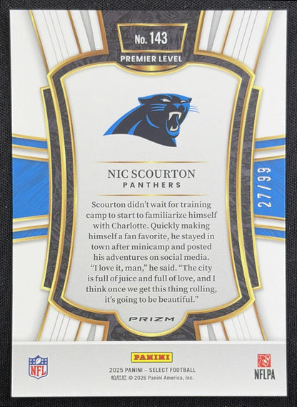 Nic Scourton 2025 Panini Select Premier Level Light Blue Prizm /99 Panthers Carolina Panthers back