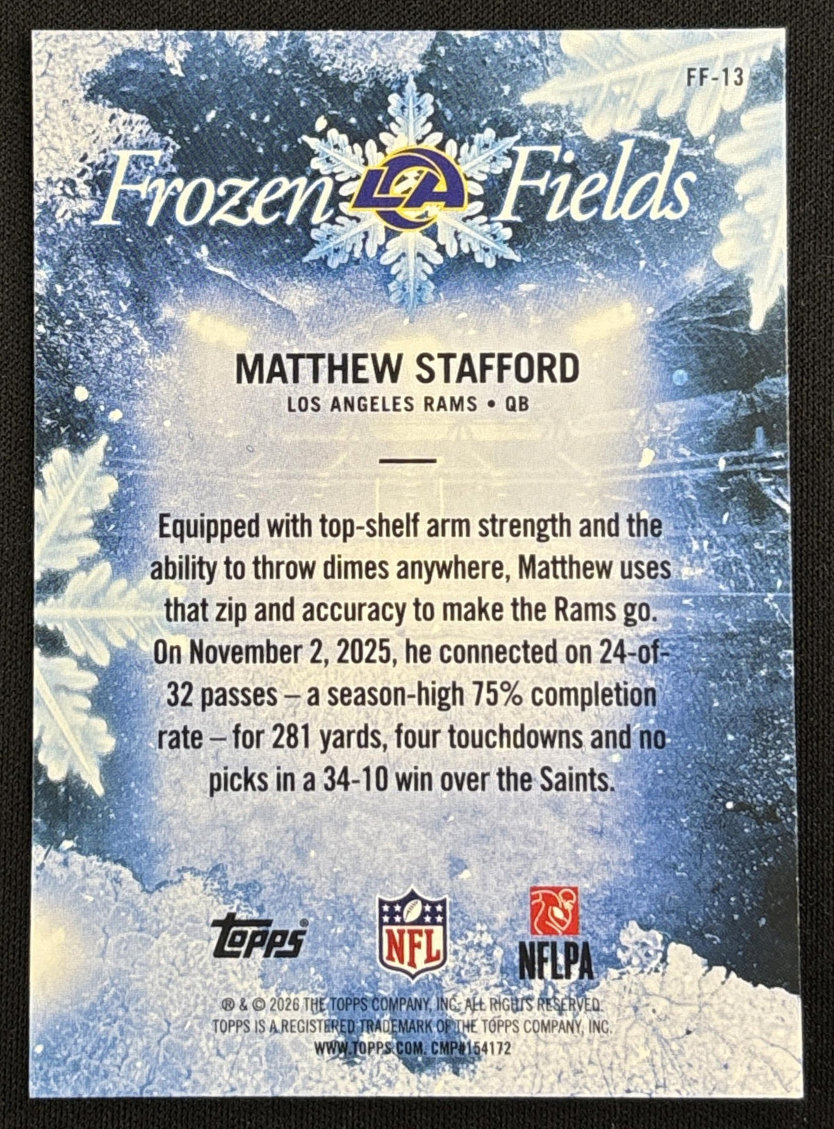 Matthew Stafford 2026 Topps Holiday Frozen Fields Rams Sports Trading Card