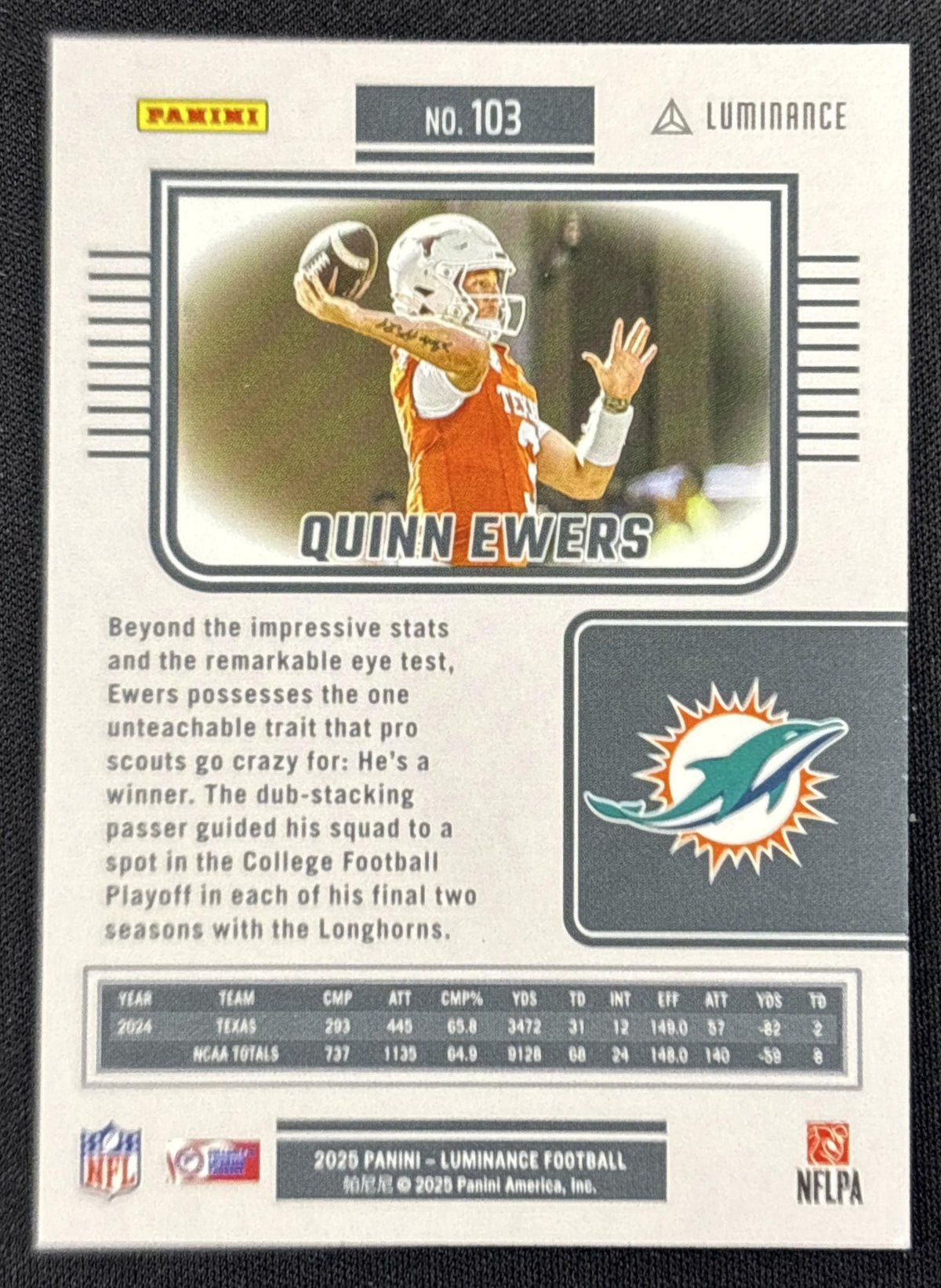 Quinn Ewers 2025 Panini Luminance Purple /249 Dolphins