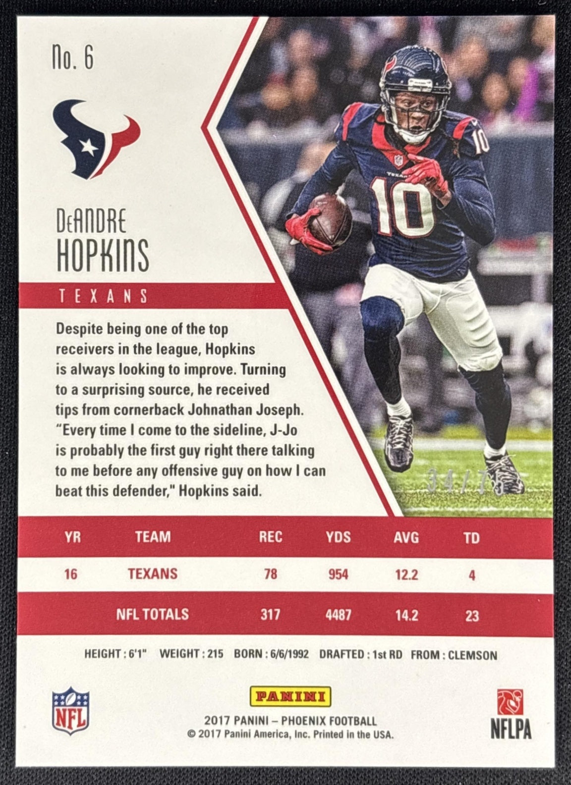 DeAndre Hopkins 2017 Panini Phoenix Yellow /75 Texans back