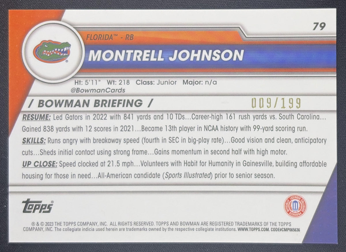 Montrell Johnson 2023 Bowman University Chrome Blue Refractor /199 Gators