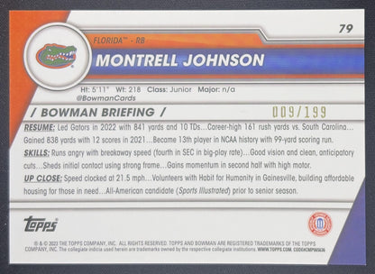 Montrell Johnson 2023 Bowman University Chrome Blue Refractor /199 Gators