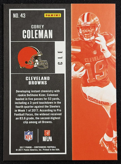 Back of Corey Coleman 2017 Panini Contenders Championship Ticket /99 Browns sports trading card