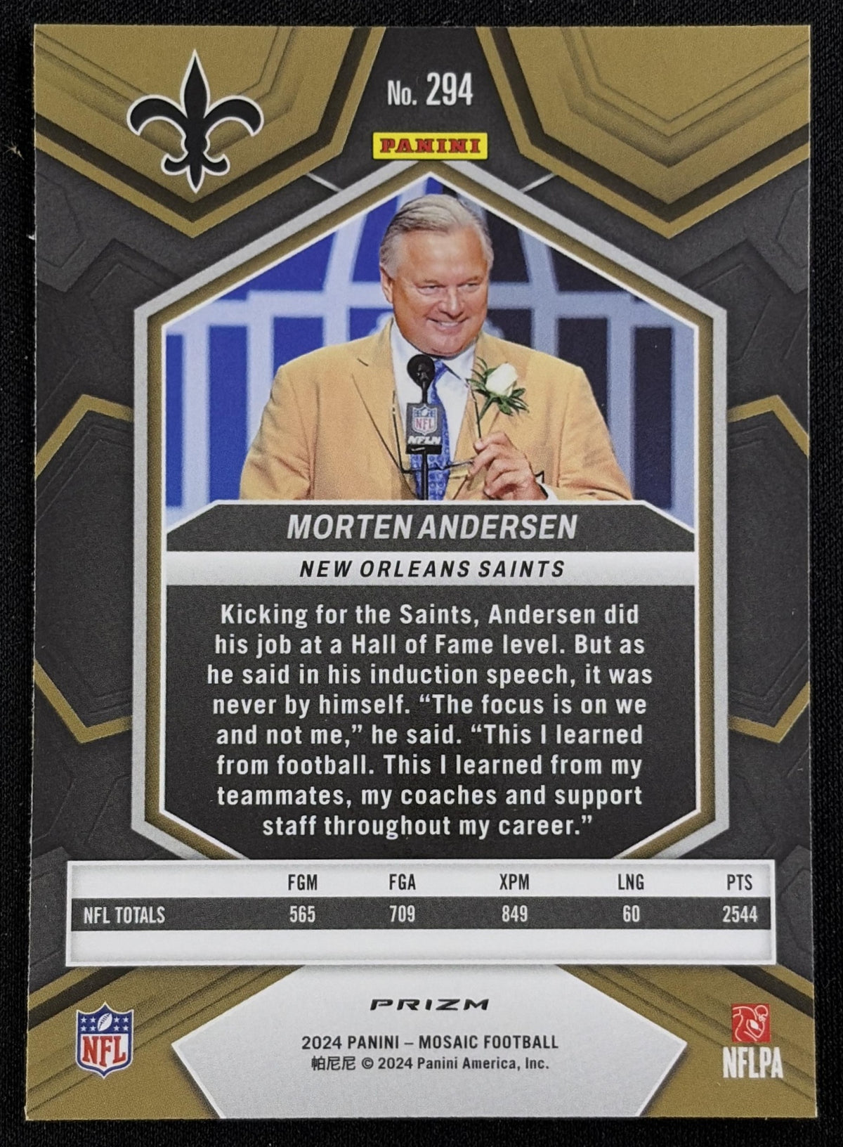 Back of Morten Andersen 2024 Panini Mosaic Camo Pink Prizm Saints sports trading card