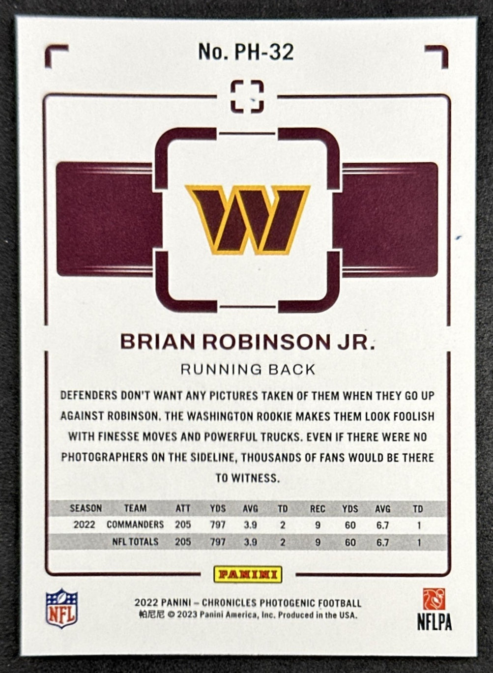 Brian Robinson Jr. 2022 Panini Chronicles Photogenic Commanders back