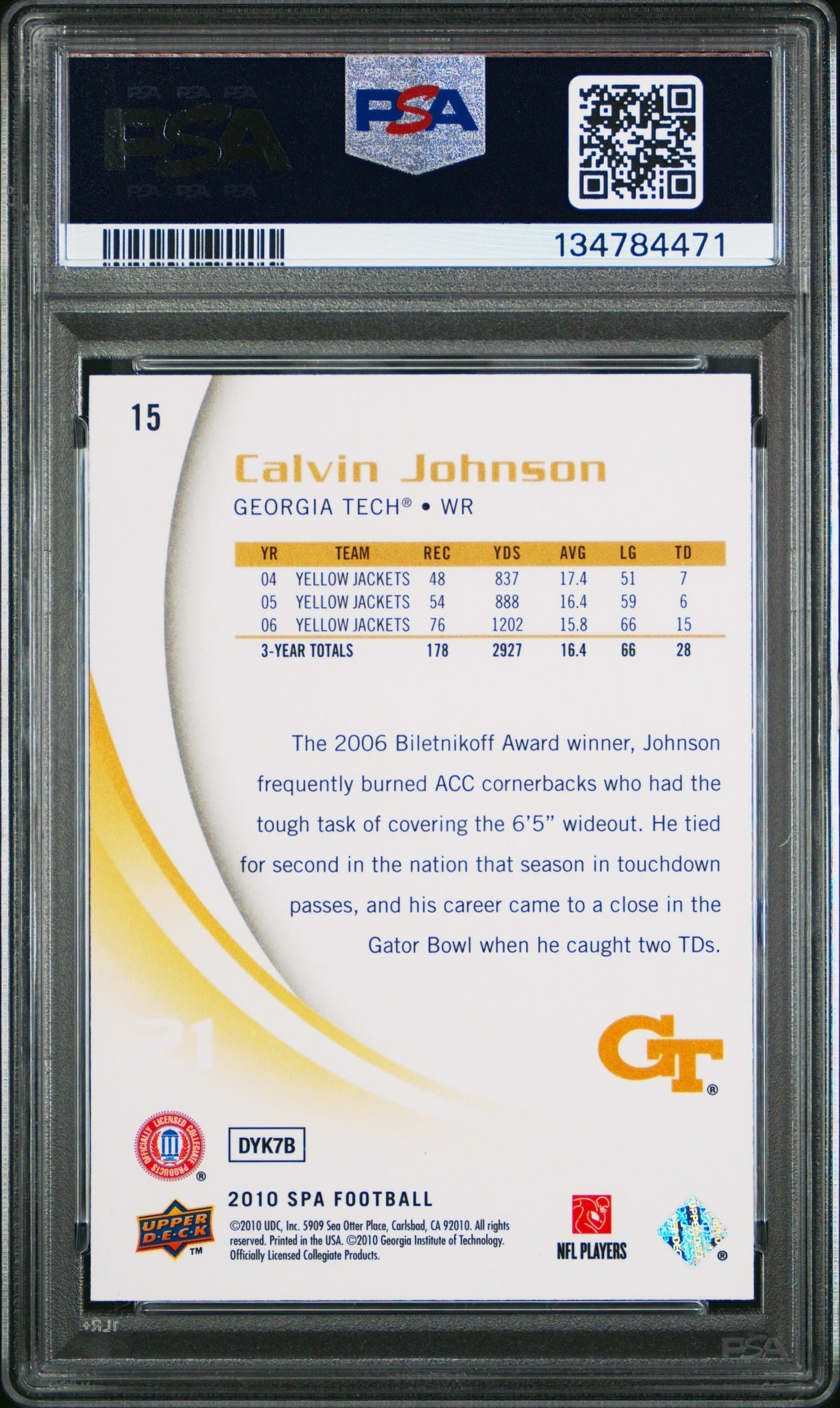 Calvin Johnson 2010 SP Authentic PSA 10 Yellow Jackets back