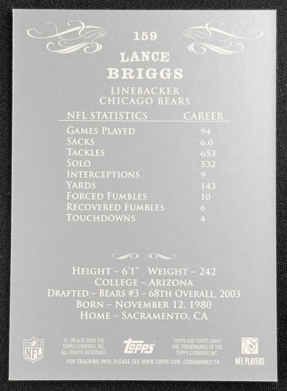 Lance Briggs 2009 Topps Mayo Bears Sports Trading Card