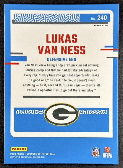 Lukas Van Ness 2023 Panini Donruss Optic Purple Shock Prizm Packers Sports Trading Card