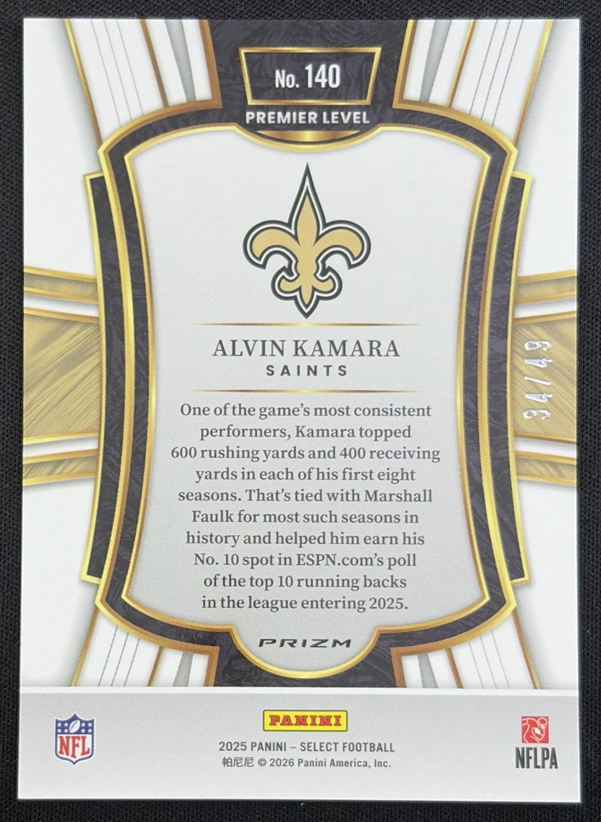 Alvin Kamara 2025 Panini Select Premier Level Neon Green Prizm /49 Saints New Orleans Saints