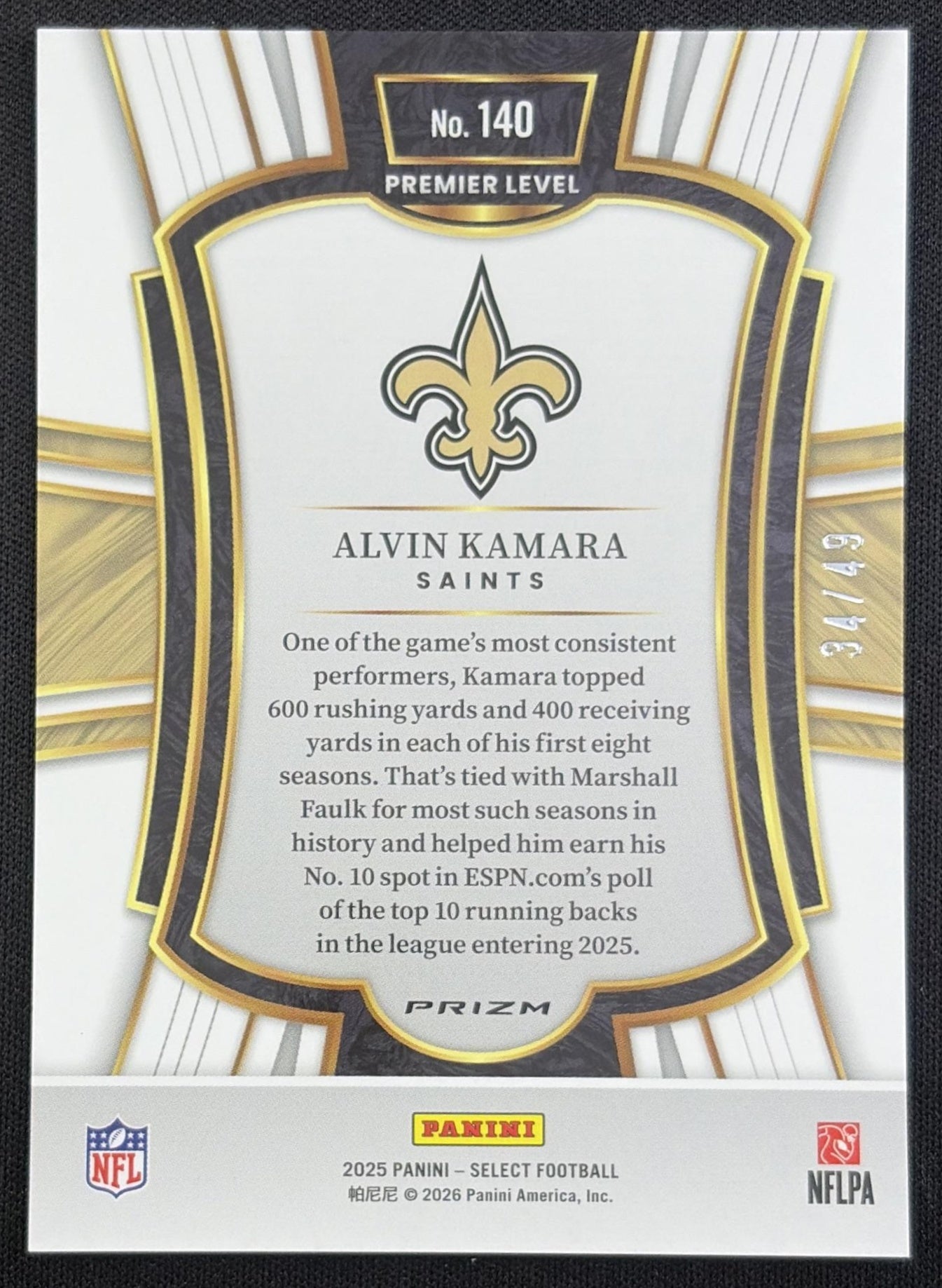 Alvin Kamara 2025 Panini Select Premier Level Neon Green Prizm /49 Saints New Orleans Saints