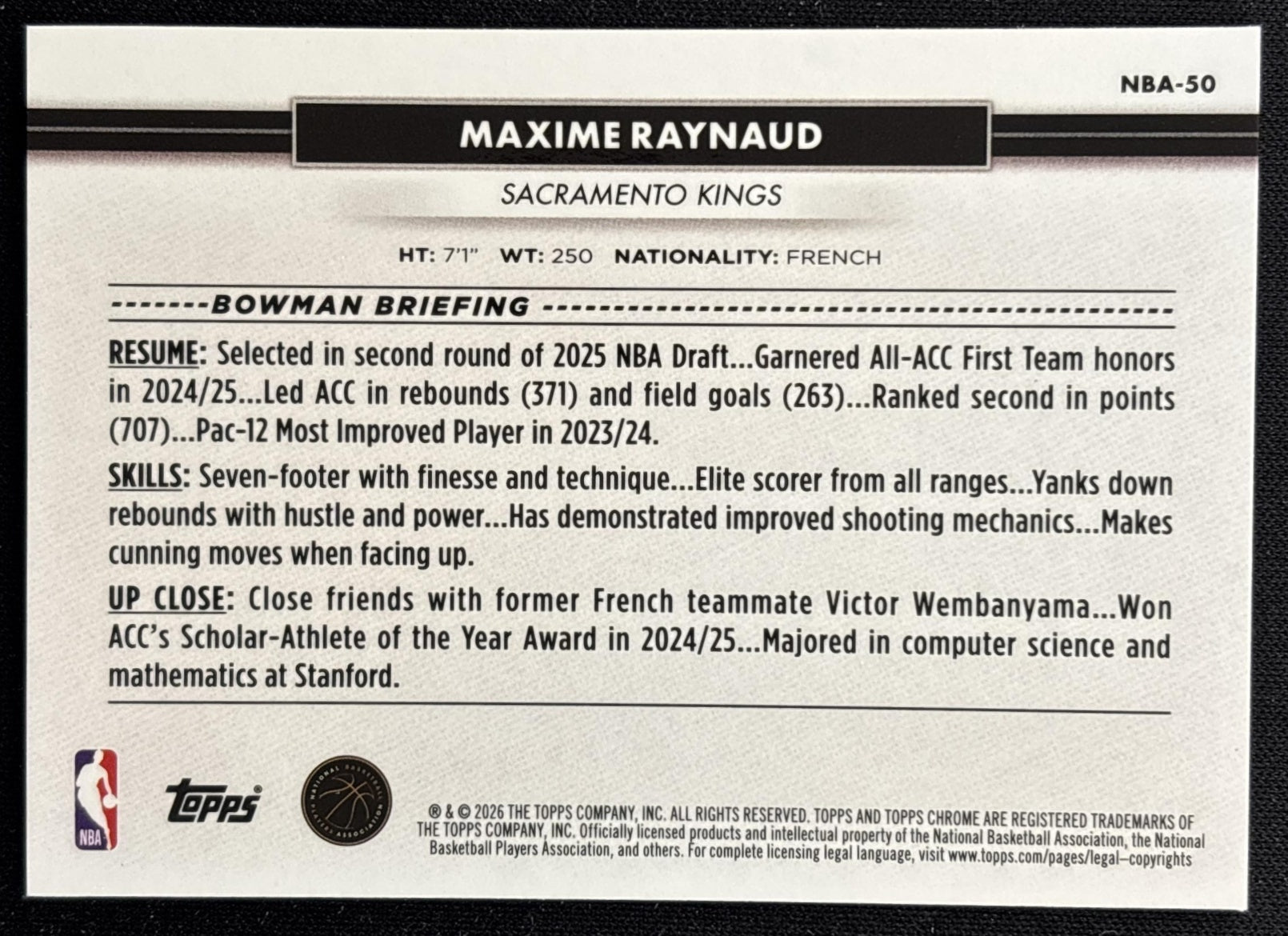 Maxime Raynaud 2026 Topps NSCC Collection NBA Sports Trading Cards