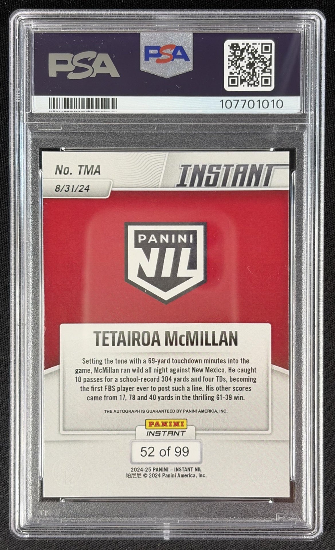 Tetairoa McMillan 2024 Panini Instant NIL Auto /99 PSA 9 Panthers Sports Trading Card
