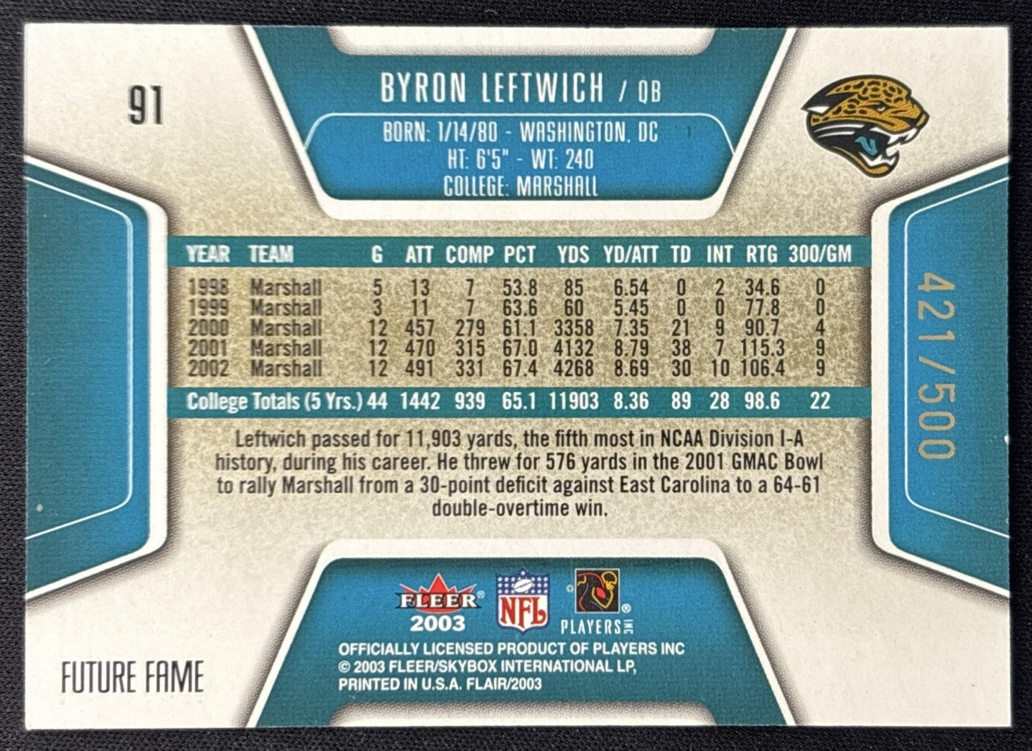 Byron Leftwich 2003 Fleer Flair /500 Jaguars back