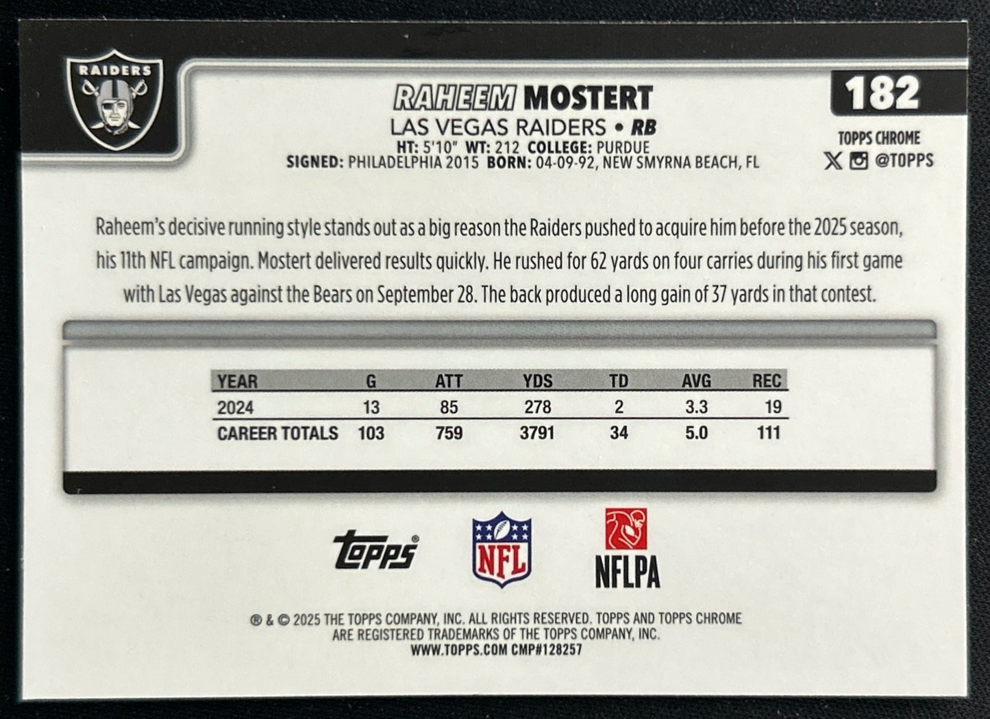 Raheem Mostert 2025 Topps Chrome Raiders Sports Trading Cards