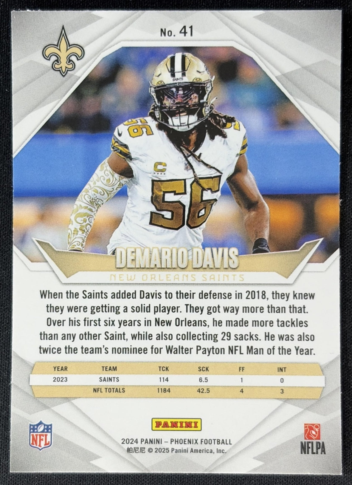 Demario Davis 2024 Panini Phoenix International Saints back