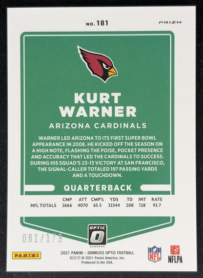 Kurt Warner 2021 Panini Donruss Optic Blue /179 Cardinals back