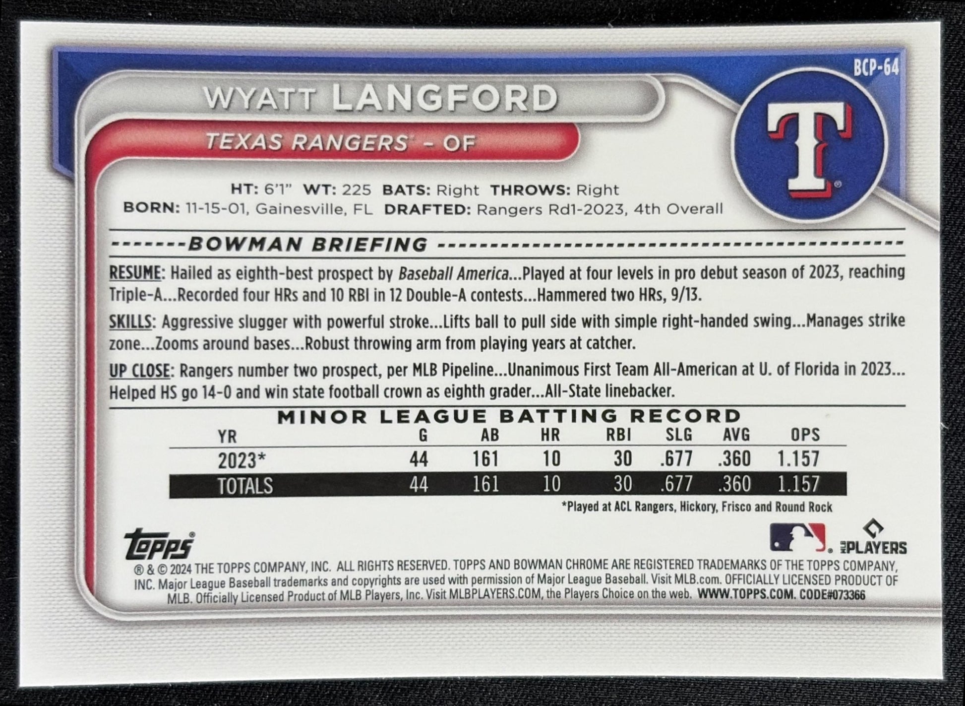 Wyatt Langford 2024 Bowman Mega Box Chrome Prospects Mojo Refractor Rangers back