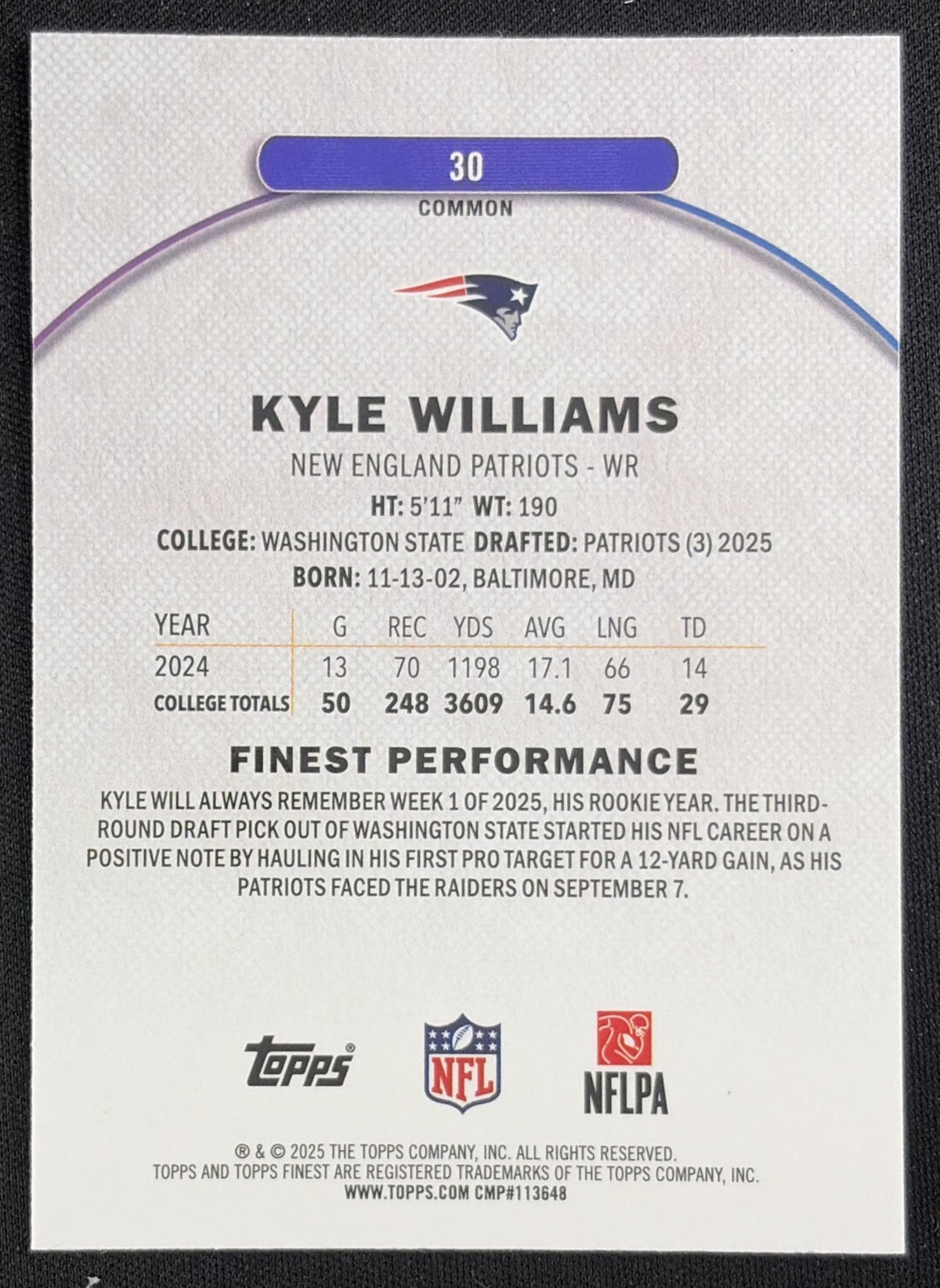 Kyle Williams 2025 Topps Finest Blue X-Fractor /99 Patriots