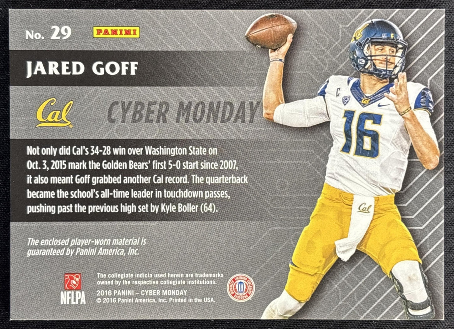 Jared Goff 2016 Cyber Monday Materials Patch /10 Lions Sports Trading Cards