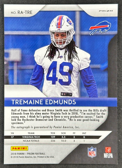 Back of Tremaine Edmunds 2018 Prizm Rookie Auto Silver Bills sports trading card
