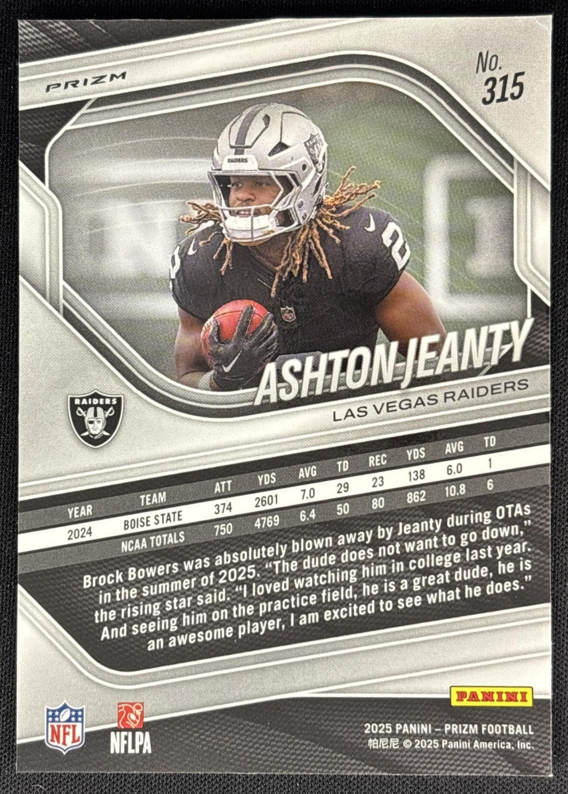 Ashton Jeanty 2025 Panini Prizm Silver Raiders back