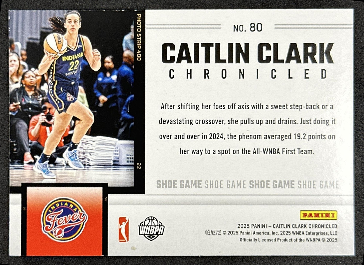 Caitlin Clark 2025 Panini Chronicled Shoe Game Holo Fever 80 Indiana Fever