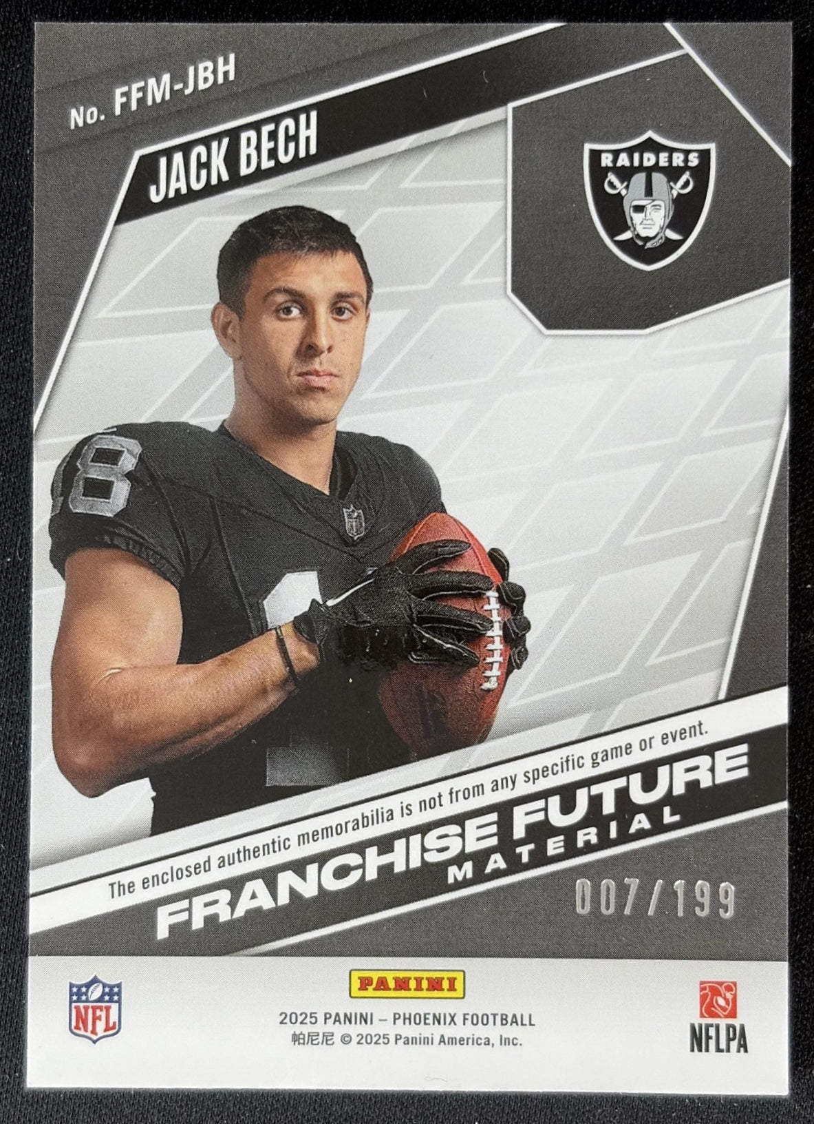 Jack Bech 2025 Panini Phoenix Franchise Future Material Blue Prizm /199 Raiders back