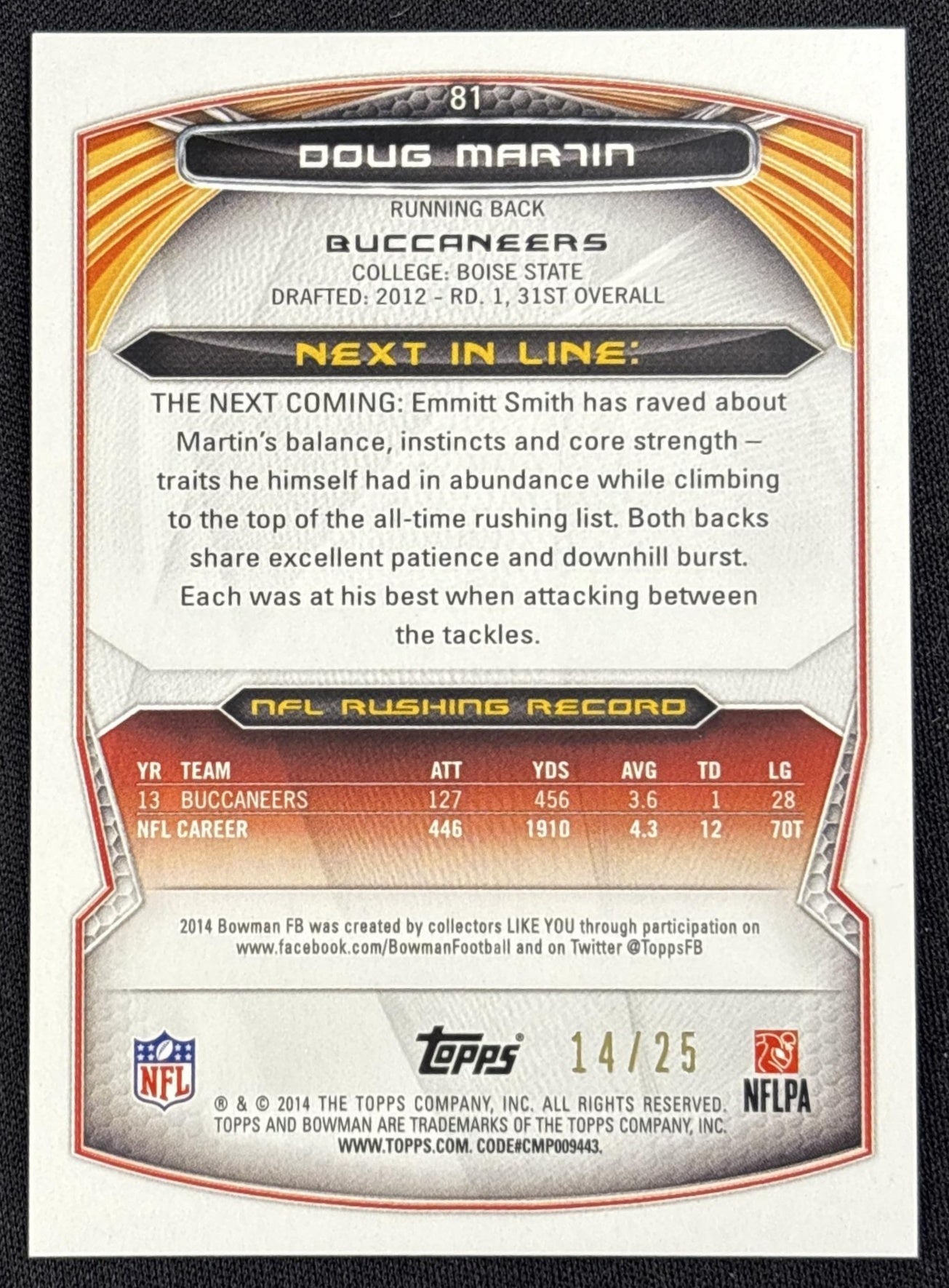 Doug Martin 2014 Bowman Veterans Rainbow Red /25 Buccaneers