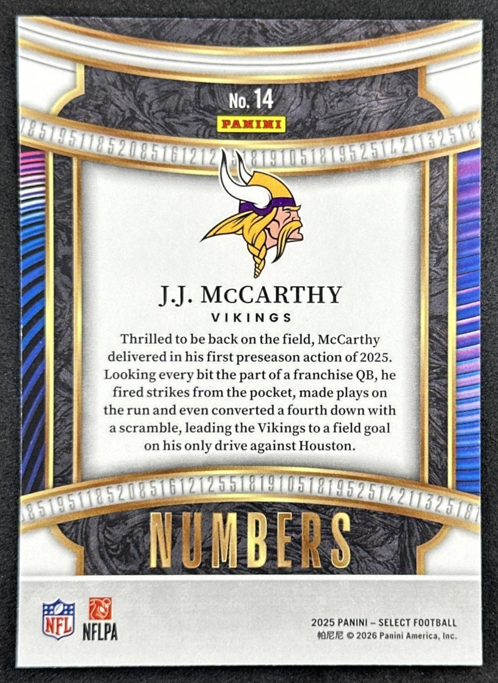 J.J. McCarthy 2025 Panini Select Numbers Vikings