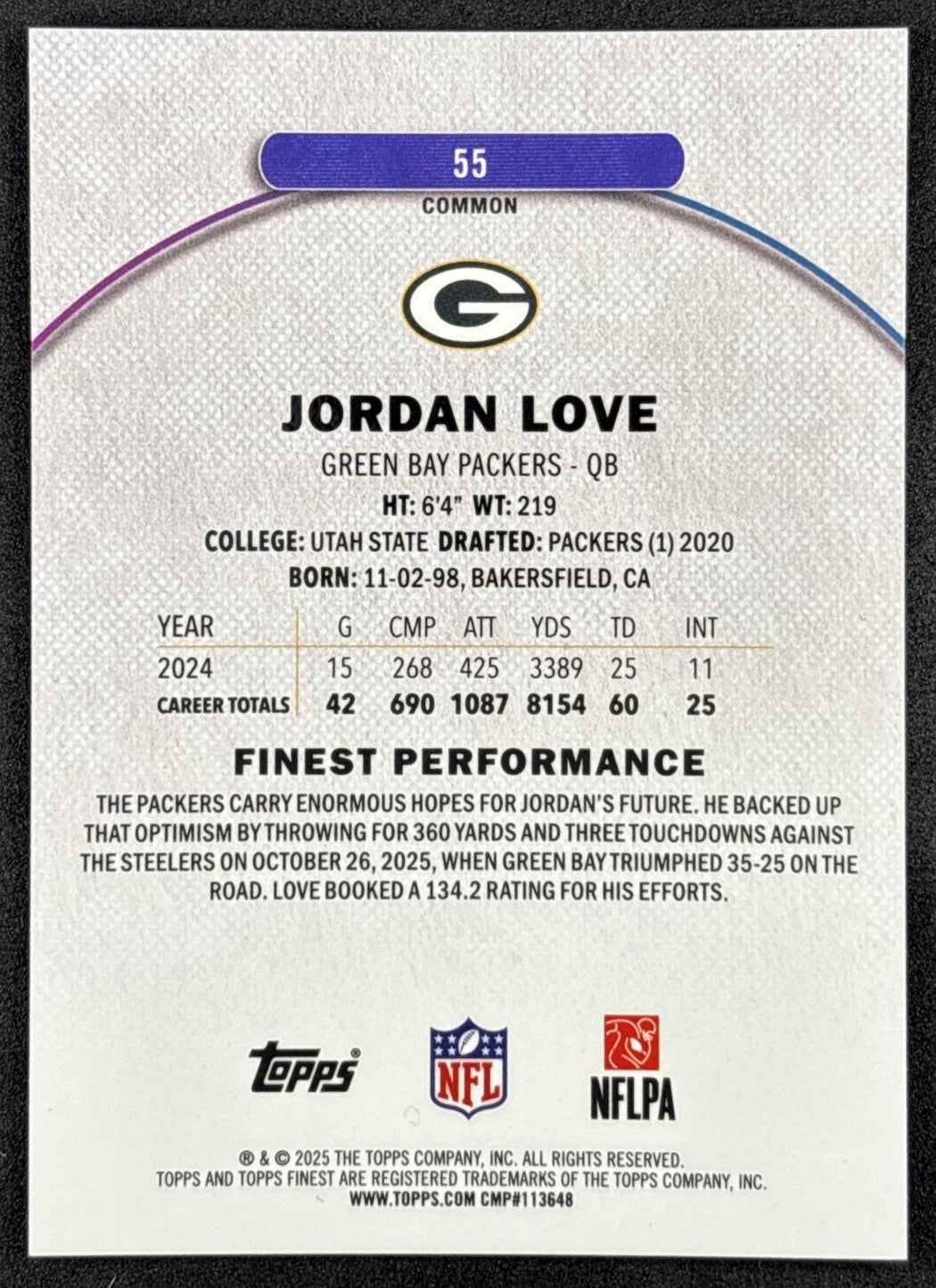 Jordan Love 2025 Topps Finest Sky Blue Refractor /325 Packers Green Bay Packers