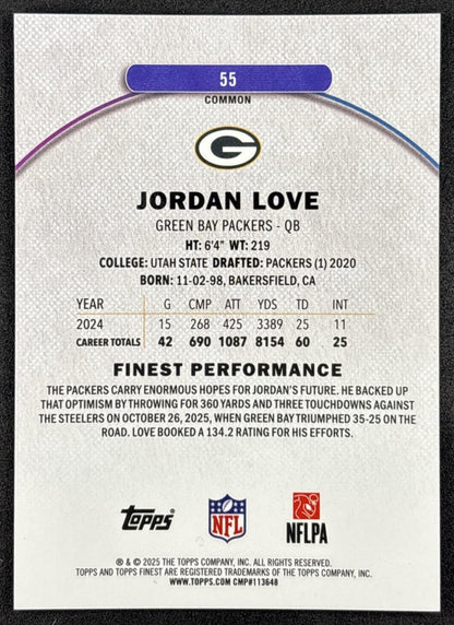 Jordan Love 2025 Topps Finest Sky Blue Refractor /325 Packers Green Bay Packers