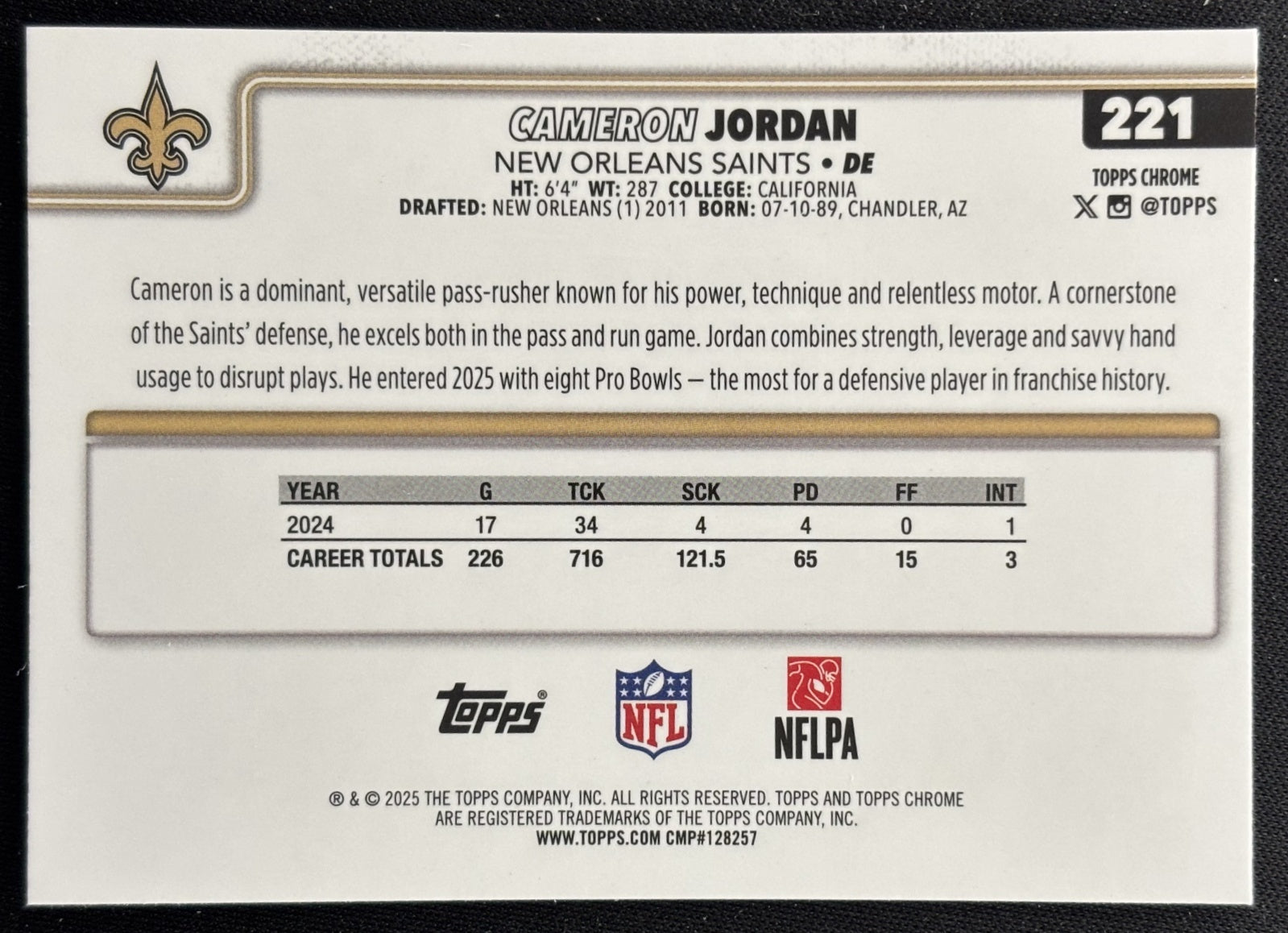 Cameron Jordan 2025 Topps Chrome Red/White/Blue Refractor Saints Sports Trading Cards