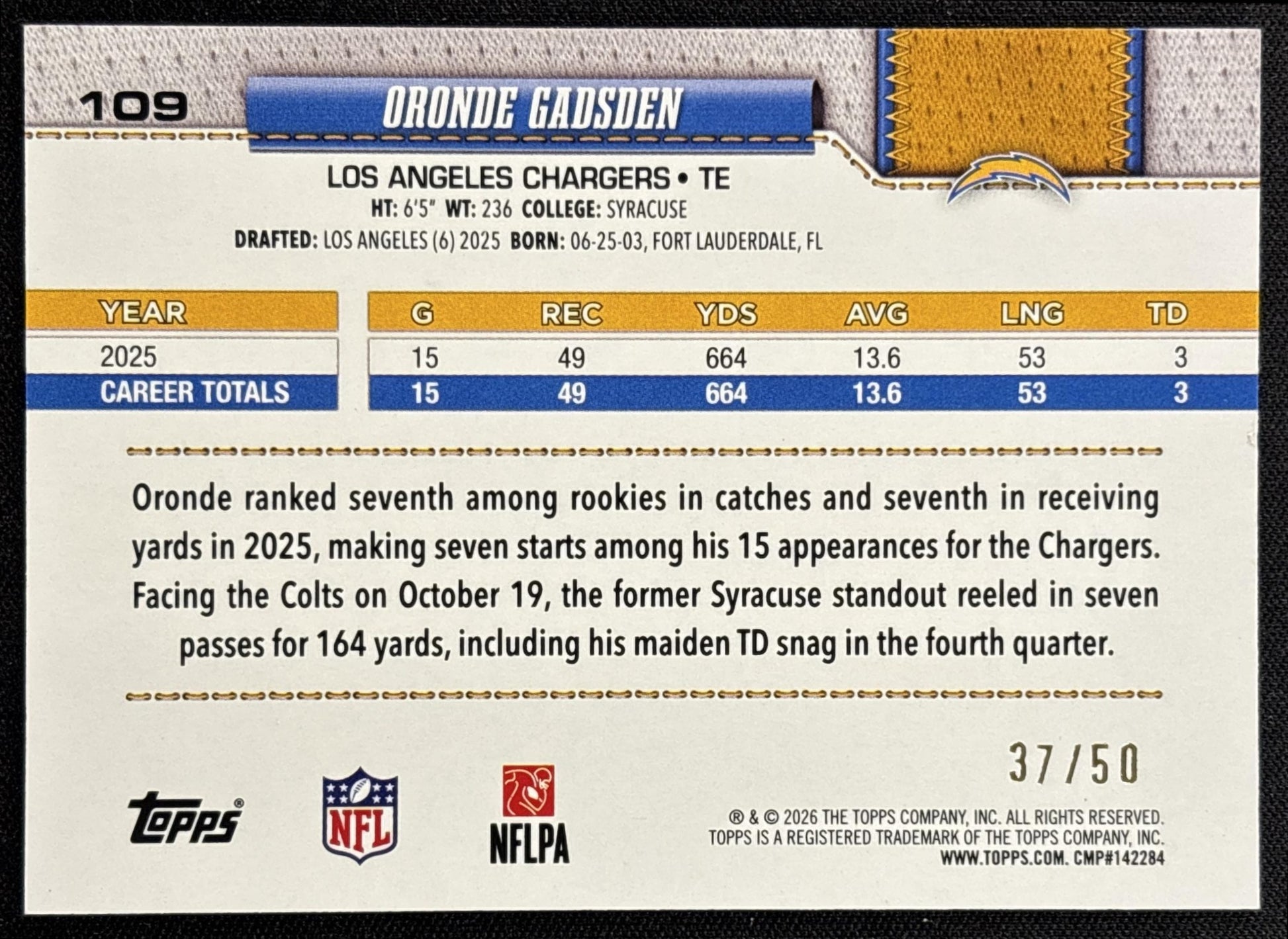Oronde Gadsden 2026 Topps Canvas /50 Chargers - back