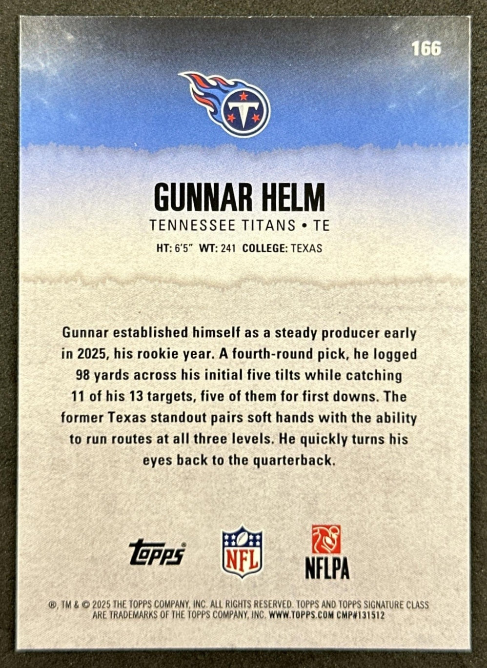 Gunnar Helm 2025 Topps Signature Class Rookie Blue & Yellow Foil Titans back