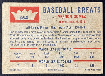 Lefty Gomez 1960 Fleer Baseball Greats Tigers back