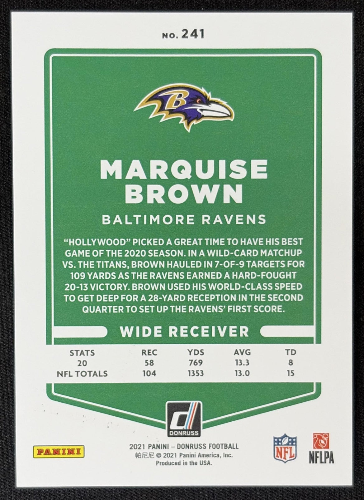 Marquise Brown 2021 Panini Donruss Press Proof Premium Ravens - Baltimore Ravens