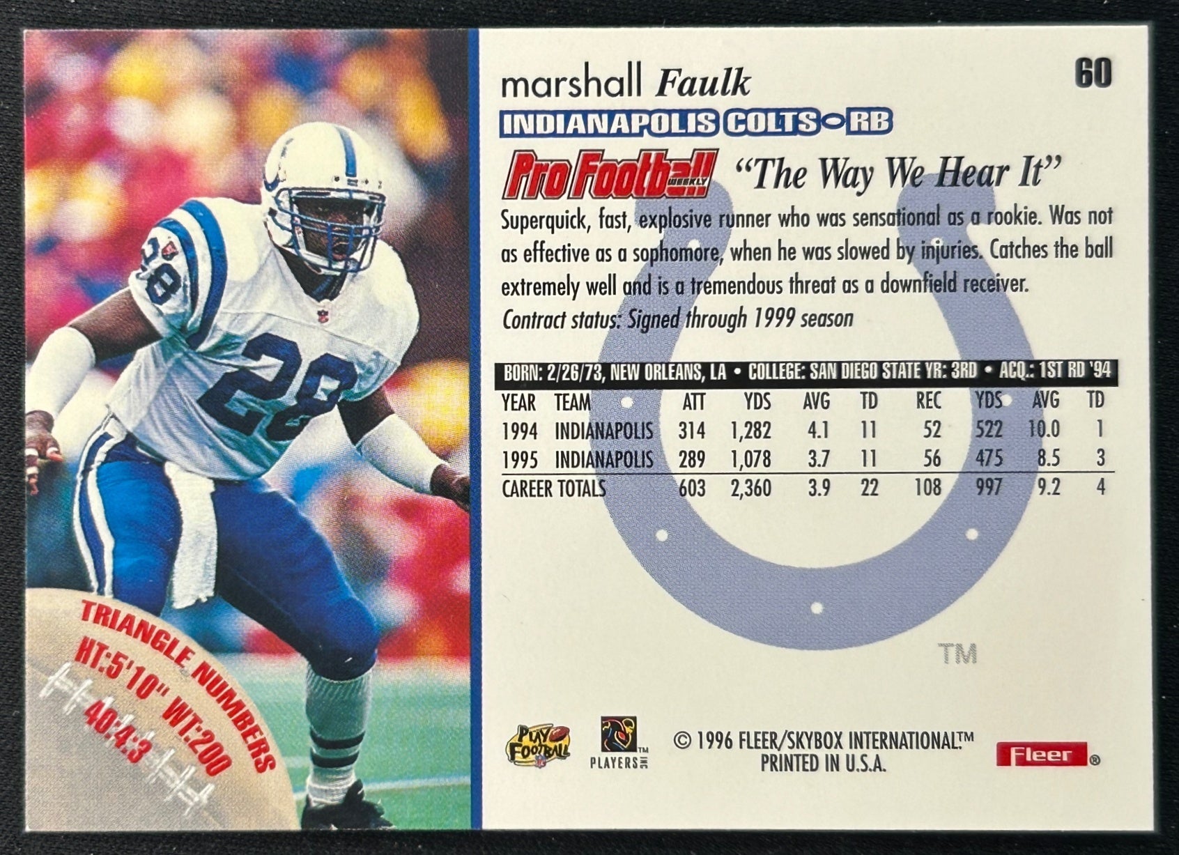 Marshall Faulk 1996 Colts Sports Trading Card